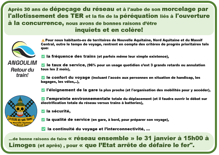 👩‍🌾🧑‍⚕️👩‍🔧«  Il n’y a pas de petites lignes, parce qu’il n’y a pas de petites gens ». 👩‍🌾🧑‍⚕️👩‍🔧

LA COLERE DES SANS TRAINS  de Nouvelle Aquitaine et du Massif Central 31/01 15h00 gare de Limoges fb.me/e/6VaJ56TyR

#coleredessansrail #AngouLim
<a href="/Plusdetrains/">Plus de trains</a> <a href="/TrainClermont/">Les Usagers du Train Clermont-Paris</a>