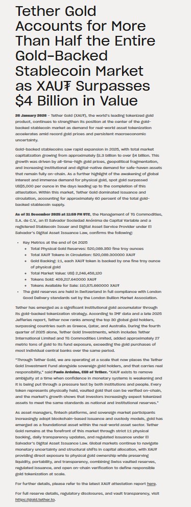 2025 年至 2026 年初，全球黄金价格经历了显著上涨——全年上涨约 64%，并在 2025 年末和 2026 年初持续攀升，突破了 3000、4000 美元甚至 5000 美元每盎司的重要心理价位。驱动因素包括投资者避险需求增加、中央银行持续购买以及地缘政治紧张加剧。#USDT #Tether #GOLD 

Tether 在 2025