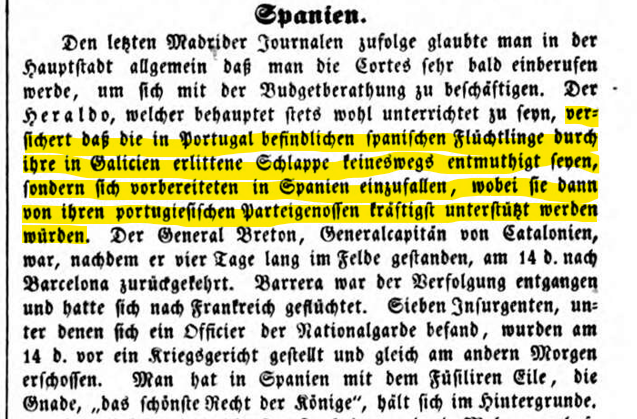 O Allgemeine Zeitung de 2-6-1846 apanha a reorganizaçom dos exilados da Revoluçom Galega co apoio dos revolucionários portugueses. M. Buceta foi o encargado desta recomposiçom e da guerrilha que obrigou o capitám geral de Galiza a mover todas as tropas para a fronteira.