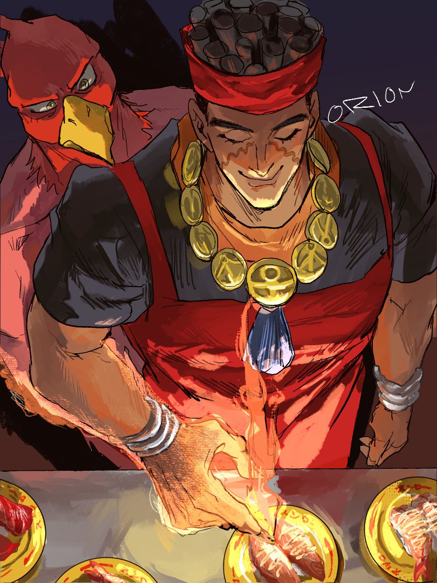 🍣ローのジョジョコラボで炙ドゥル(自らの炎でサーモンなどを炙ってくれるアブドゥル)来てくれないかな