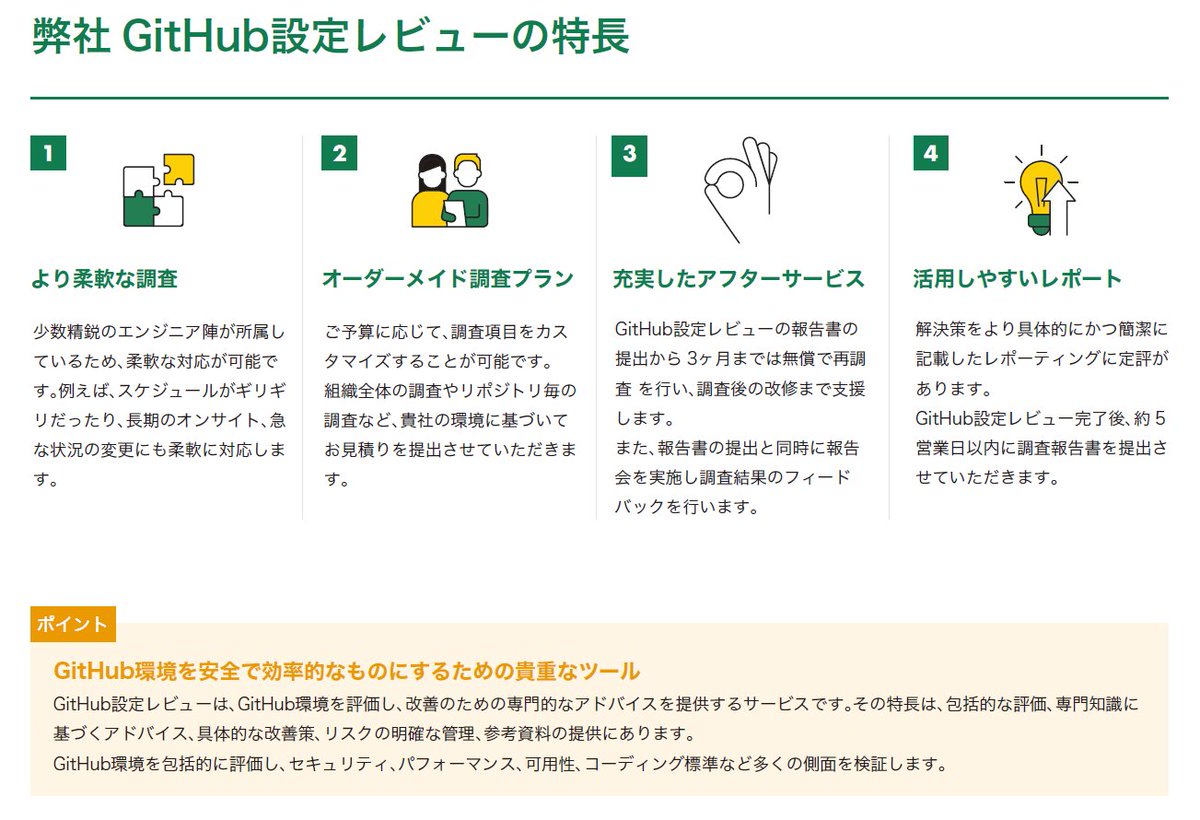 GitHubの設定、本当に大丈夫？不安だ…。』 そんなときは、 【#GitHub 設定レビュー】のご検討を！  お客様が設定を行ったGitHubに対して、 サービス公式のベストプラクティスに基づいて調査し、 情報漏えいなどのリスクを確認します💡  ＜GitHub設定レビュー項目 ...