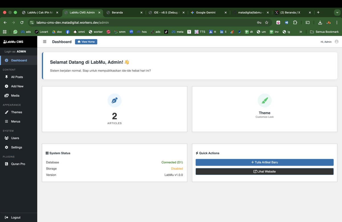 matadigitalindo's tweet photo. Akhirnya rilis juga! 🎉

Kenalin LabMu CMS: CMS Serverless buatan sendiri Cloudflare Workers + D1 + R2.
support sistem tema modular &amp; hooks mirip WP

Kontribusi, gas ke GitHub: https://t.co/QiJAvxhZo6

cc: @CloudflareDev @honojs #Cloudflare #CodingIndonesia #OpenSource https://t.co/GQNcJnxNnM