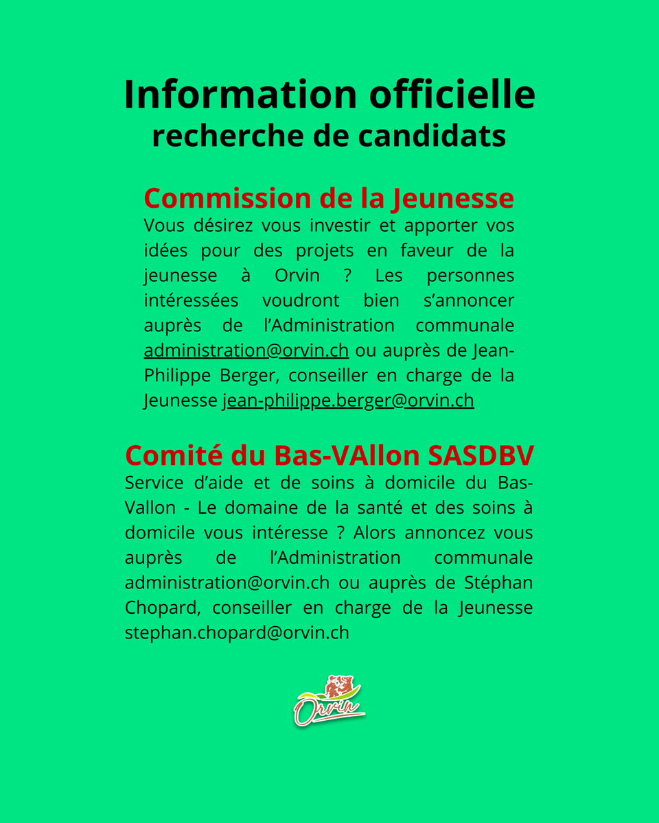 📢 Orvin recherche des candidats pour la Commission de la Jeunesse et le Comité du Bas-Vallon (SASDBV). Intéressé(e) ? ✉️ administration@orvin.ch