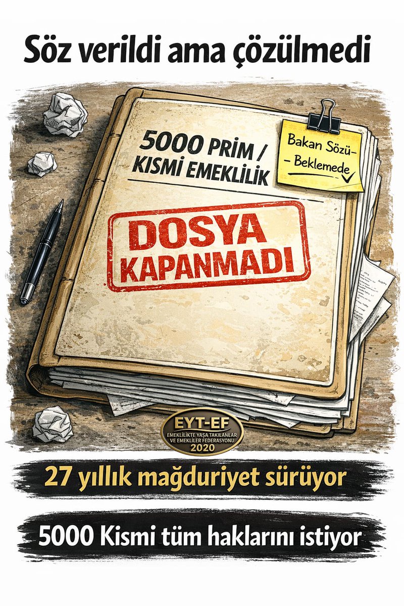 EYT
👇
#5000KısmiTümHaklarınıistiyor

Yasayı eksik çıkarıp,
Adaleti yarım bıraktınız!

Kısmi Emeklilikte Yaş Haddinin kaldırılarak;
Kadın 50-Erkek 55 yaş;

Ve 5000 Prim Haklarımızın,

99 öncesi şekliyle teslimini istiyoruz !

#TümEmeklilerSeçimiBekliyor
<a href="/RTErdogan/">Recep Tayyip Erdoğan</a>
<a href="/isikhanvedat/">Prof. Dr. Vedat Işıkhan</a>