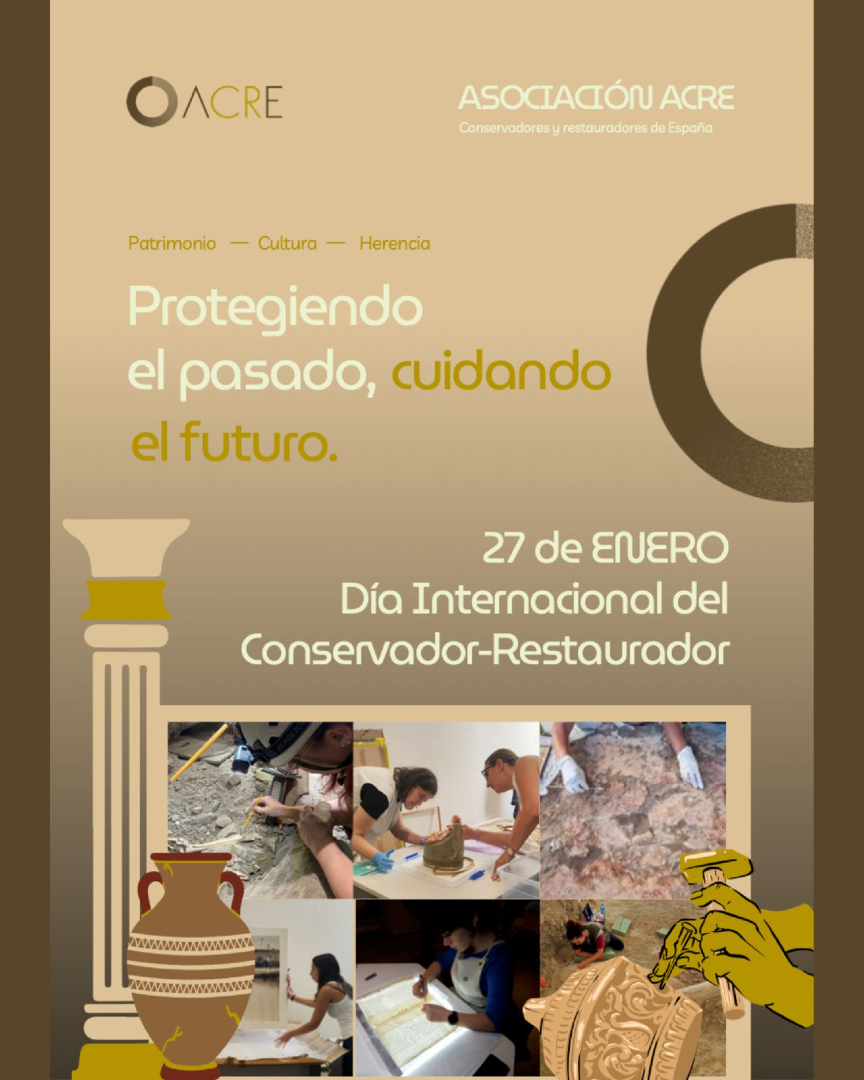 ES NUESTRO DÍA
#DíaInternacionalCR
Día Internacional de l@s profesionales de la Conservación Restauración
En ACRE luchamos por el reconocimiento, por la valoración de nuestro papel en la protección del Patrimonio y por la REGULACIÓN PROFESIONAL
#RegulaciónCR
#SomosACRE
