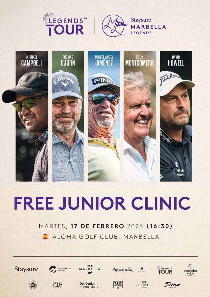 RFGA_Golf's tweet photo. Esta cita no hay que perdérsela. Imprescindible. Clinic gratis para niños el próximo 17 de febrero en el Aloha Golf Club. Impartido por Miguel Ángel Jiménez y otras estrellas del Legends Tour. En el marco del Staysure Marbella Legends que se disputa esa semana. ¡Vaya planazo! https://t.co/OCs5iIz4NV
