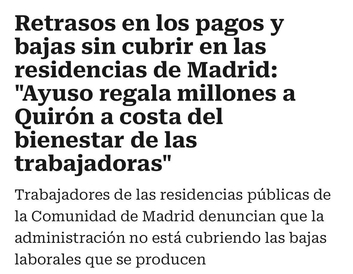 Ayuso le regala a Quirón el dinero que debería ir a las residencias. 

Y esto es lo que pasa: trabajadores saturados y mayores abandonados.

No ha cambiado nada desde la pandemia.

cadenaser.com/cmadrid/2026/0…