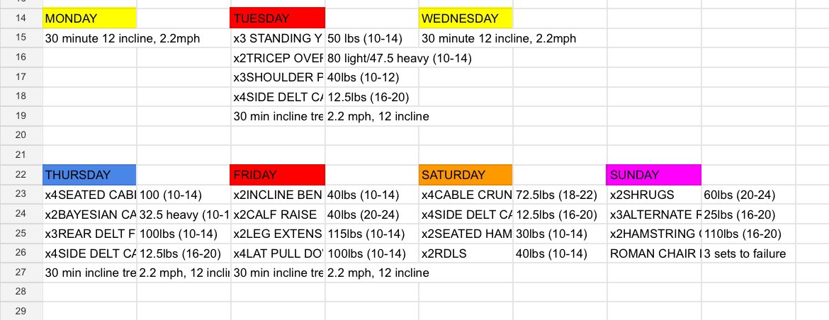 terminaldeity69's tweet photo. Updated macros and split cuz grad school, 3 bands, 1.5 hours in the gym everyday, and working 20 hours a week is kicking my ass https://t.co/BTAEV6yImO