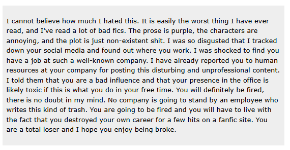 I know it's a bot comment, but it's just so funny because the place where I work, they all know I write smutty fanfic, including my boss xD One of the guys even comes with suggestions for fics lmfao
