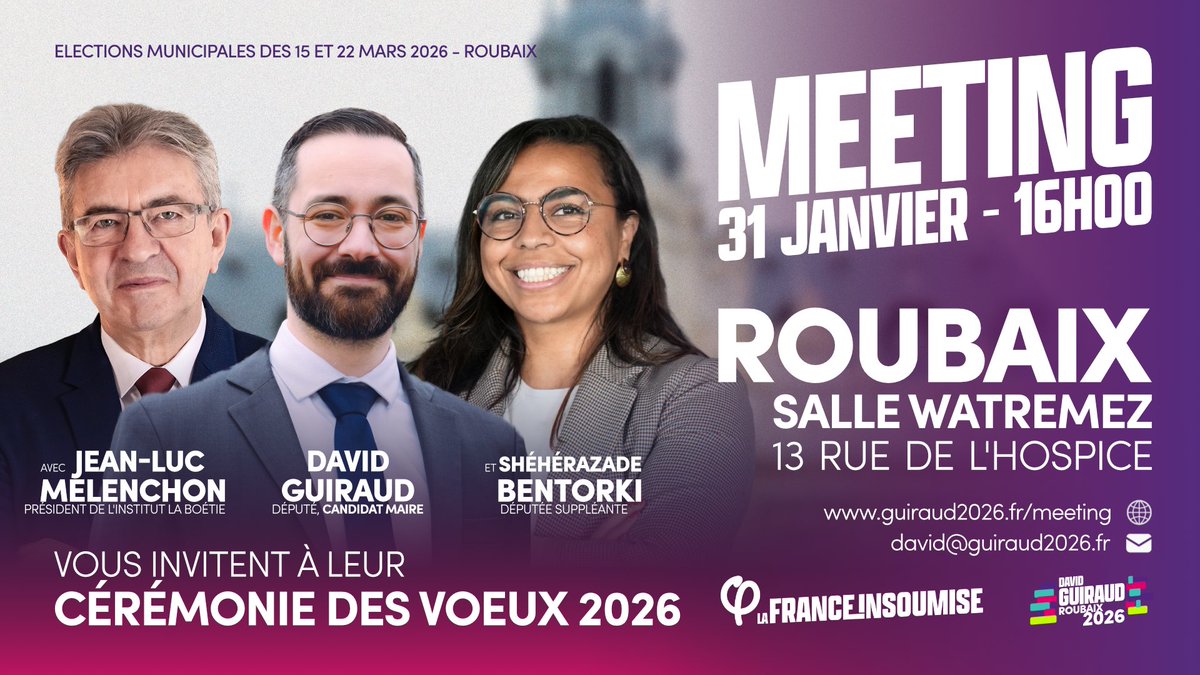 🔴 Le samedi 31 janvier, rendez-vous à 16h pour un meeting avec David Guiraud et Shéhérazade Bentorki à Roubaix !

📍 Salle Watremez, 13 rue de l’Hospice à Roubaix

Retrouvez toutes les informations sur : actionpopulaire.fr/evenements/0aa…
