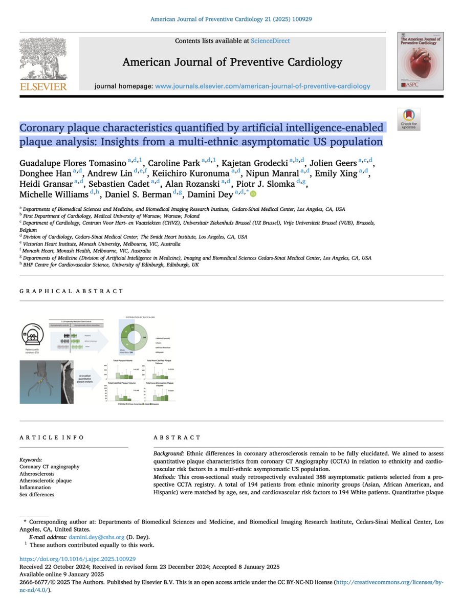 FCademartiri's tweet photo. 🫀🧠 AI-powered CCTA reveals hidden differences in coronary plaque across ethnicities

This 2025 study in the American Journal of Preventive Cardiology uses artificial intelligence–enabled coronary CT angiography (CCTA) to explore how coronary plaque burden, composition, and inflammation vary across ethnic groups in an asymptomatic, multi-ethnic U.S. population—moving beyond calcium scores toward true atherosclerotic phenotyping  .

👥 Who was studied
The investigators analyzed 388 asymptomatic adults (mean age ~60 years, 68% men), drawn from a larger CCTA registry and propensity-matched by age, sex, and traditional risk factors:
White (50%)
African American (20%)
Asian (25%)
Hispanic (5%)

All underwent AI-based quantitative plaque analysis (total, calcified, non-calcified, and low-attenuation plaque) and pericoronary adipose tissue attenuation (PCAT)—a CT marker of coronary inflammation.

📊 Key findings
Atherosclerosis was common: ~63% had coronary plaque despite being asymptomatic.
Men had higher plaque volumes across all plaque types than women.
After multivariable adjustment, African American patients had lower total, calcified, and non-calcified plaque volumes compared with White patients.
Paradoxically, African American patients had higher PCAT, suggesting greater pericoronary inflammationdespite less plaque.
No significant quantitative plaque differences were observed among Asian or Hispanic patients compared with Whites.

🧠 Why this matters
This study highlights a critical concept: plaque burden and plaque biology are not the same thing. Lower plaque volume does not necessarily mean lower risk if vascular inflammation is higher. AI-enabled CCTA allows simultaneous assessment of:
plaque quantity 🧱
plaque quality ⚠️
inflammatory milieu 🔥

⚠️ Limitations
Single-center, cross-sectional design; limited Hispanic representation; no outcome data.

🔮 Bottom line
AI-powered CCTA reveals that ethnic differences in coronary disease may lie more in biology than burden.
👉 Precision prevention will require looking beyond calcium—and beyond averages.