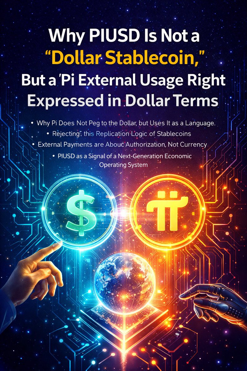 applekhankorea's tweet photo. Predictive & Technical Analysis :::
Why PIUSD Is Not a “Dollar Stablecoin,”
( But a “Pi External Usage Right Expressed in Dollar Terms” )

[[[ Why the Source of Pi’s Intrinsic Value Lies in Its Infinitely Scalable, Ultra-High-Efficiency Pi Economic Operating System.” ]]]
[[[ Why Pi Does Not Peg to the Dollar, but Uses It as a Language ]]]
[[[ Rejecting the Replication Logic of Stablecoins ]]]
[[[ External Payments Are About Authorization, Not Currency ]]]
[[[ PIUSD as a Signal of a Next-Generation Economic Operating System ]]]
[[[ This article includes Predictive & Technical Analysis  and may differ from actual outcomes ]]]

Introduction — The Difference Between “Pegging” and “Translation”

Most cryptocurrency projects ask a familiar question:
“How do we peg ourselves to the US dollar?”

Pi Network asks a fundamentally different one:
“Does the dollar really need to be the reference point at all?”

What if the dollar is not a foundation, but merely a **representation layer**—
a language humans are accustomed to reading?

PIUSD emerges from this question.
That is why PIUSD may resemble a stablecoin on the surface,
yet differs from it at the structural and philosophical level.

---

1. Stablecoins Are Replicas of the Dollar

Traditional stablecoins are straightforward in nature.
They digitally replicate the US dollar.

USDC, USDT, and similar instruments simply transport the dollar
onto a blockchain while preserving its authority, logic, and hierarchy.

The reference asset remains the dollar.
The ultimate authority remains banks and issuers.
Blockchain becomes little more than a delivery rail.

In this model, innovation does not challenge the monetary order—it reinforces it.

---

2. PIUSD Starts From a Different Question

PIUSD does not ask how to copy the dollar.
It asks how Pi can be **understood** outside its own ecosystem.

When Pi is used externally, how should its value be displayed
so that merchants, institutions, and individuals can interpret it intuitively?

Here, the dollar is demoted from “truth” to “notation.”
It becomes a unit of expression, not a source of value.

This single shift changes everything.

---

3. The True Nature of PIUSD: External Usage Rights

PIUSD is not a token backed by dollar reserves.
It is not a claim on fiat held somewhere in custody.

PIUSD is the **result of Pi being authorized for external use**,
expressed in dollar-denominated terms for human readability.

The underlying asset remains Pi from beginning to end.
The ledger of record remains the Pi ledger.
The dollar merely labels the outcome.

This is not monetary substitution—it is semantic translation.

---

4. Why PIUSD Is “Expressed,” Not “Issued”

Stablecoins say:
“We issue dollars on-chain.”

PIUSD effectively says:
“We express Pi’s external usage in dollar units.”

PIUSD is created when Pi is approved for external settlement.
It disappears when that usage concludes.

It is not minted from deposits,
nor redeemed for profit,
nor traded for arbitrage.

PIUSD exists only as long as the external use of Pi exists.

---

5. Dual Transaction Architecture Makes PIUSD Inevitable

Pi’s economy is built on a Dual Transaction model:
internal circulation and external interaction are strictly separated.

Even when Pi leaves the internal ecosystem,
it does not abandon its accounting origin.

External transactions are not “dollar payments.”
They are **Pi transactions executed in an external context**.

Therefore, the result cannot terminate in USDC or another stablecoin.
It must return to the Pi accounting system.

PIUSD is the structural answer to this requirement.

---

6. Why Existing Stablecoins Cannot Fill This Role

If pure Pi were converted directly into USDC,
its contribution history, purity context, and governance constraints would vanish.

The external financial system would become the final authority.
Pi would degrade into a simple on-ramp token.

Such a design would nullify years of contribution-based economic architecture.

PIUSD exists to prevent that rupture.

---

7. PIUSD Has No “Price”

This point is critical.

PIUSD has no market price.
No volatility.
No arbitrage.
No speculative upside.

Why?

Because PIUSD is not an asset—it is a **settlement expression**.

The moment PIUSD acquires a floating price,
it ceases to be an external usage right
and becomes just another speculative instrument.

Its stability is not enforced—it is inherent.

---

8. Regulatory Advantage by Design

From a regulatory perspective, PIUSD is unusually elegant.

Pi Network does not issue dollars.
It does not claim monetary sovereignty.
It does not custody fiat on behalf of users.

External settlement is handled by existing payment rails.
Yet economic authorization and accounting remain internal.

This is not regulatory evasion.
It is regulatory alignment without surrendering economic control.

---

9. The Long-Term Shift in the Role of the Dollar

As this structure matures, the dollar quietly changes roles.

It stops being the global measure of value
and becomes one of several **interfaces** through which value is expressed.

Pi does not convert into dollars.
Dollars become one of the languages Pi can speak.

This is not the end of fiat—
it is the end of fiat as unquestioned authority.

------------------------------
Conclusion — What PIUSD Ultimately Represents
------------------------------
PIUSD is not a technical artifact.
It is a statement about economic order.

Value originates from contribution.
Currency is merely the language used to describe that value.

PIUSD is not a stablecoin.
It is how a contribution-based economic operating system
communicates with the outside world.

And in that sense, PIUSD is less about money—
and more about redefining what money is allowed to be.