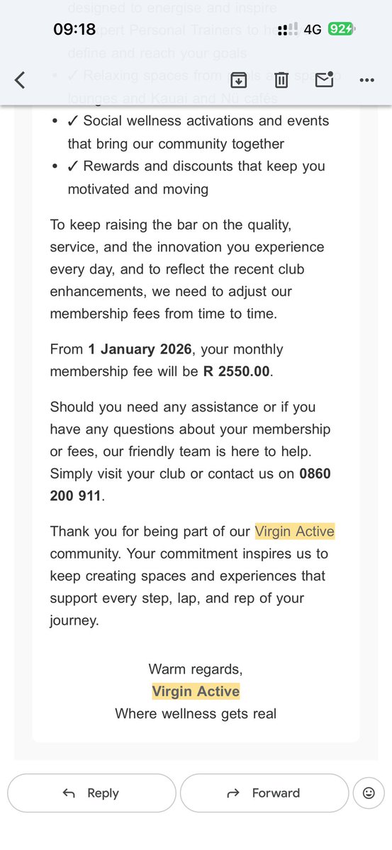 mbalimcdust's tweet image. Hhayi bandla so long Virgin Active. Just saw on my statement that prices have gone up from R1500 to R2250. I had missed the email. Ngeke, I can’t justify 3 grand for gym. Back to private classes it is 🤷🏾‍♀️