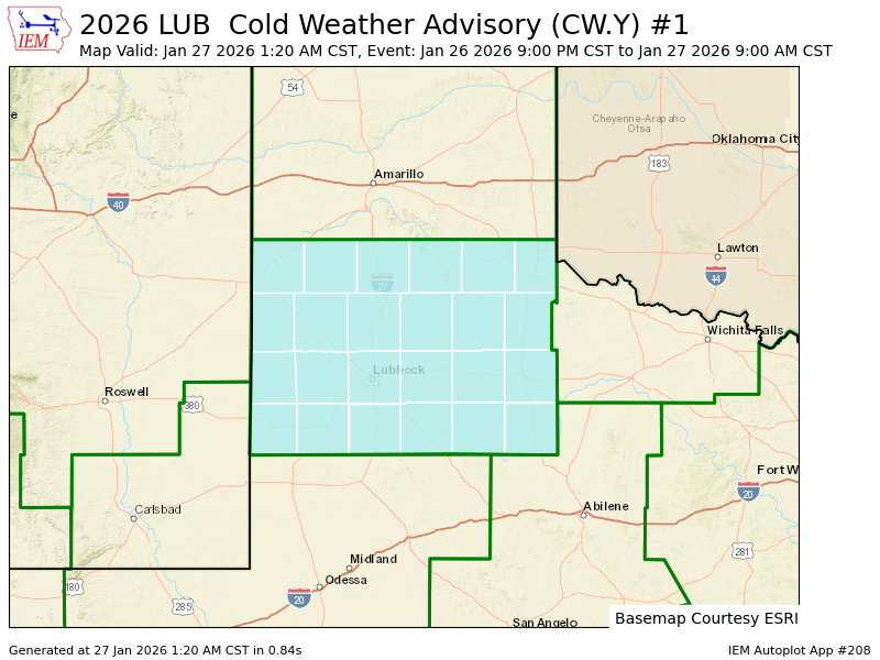 LUB continues Cold Weather Advisory till Jan 27, 9:00 AM CST mesonet.agron.iastate.edu/vtec/f/2026-O-…