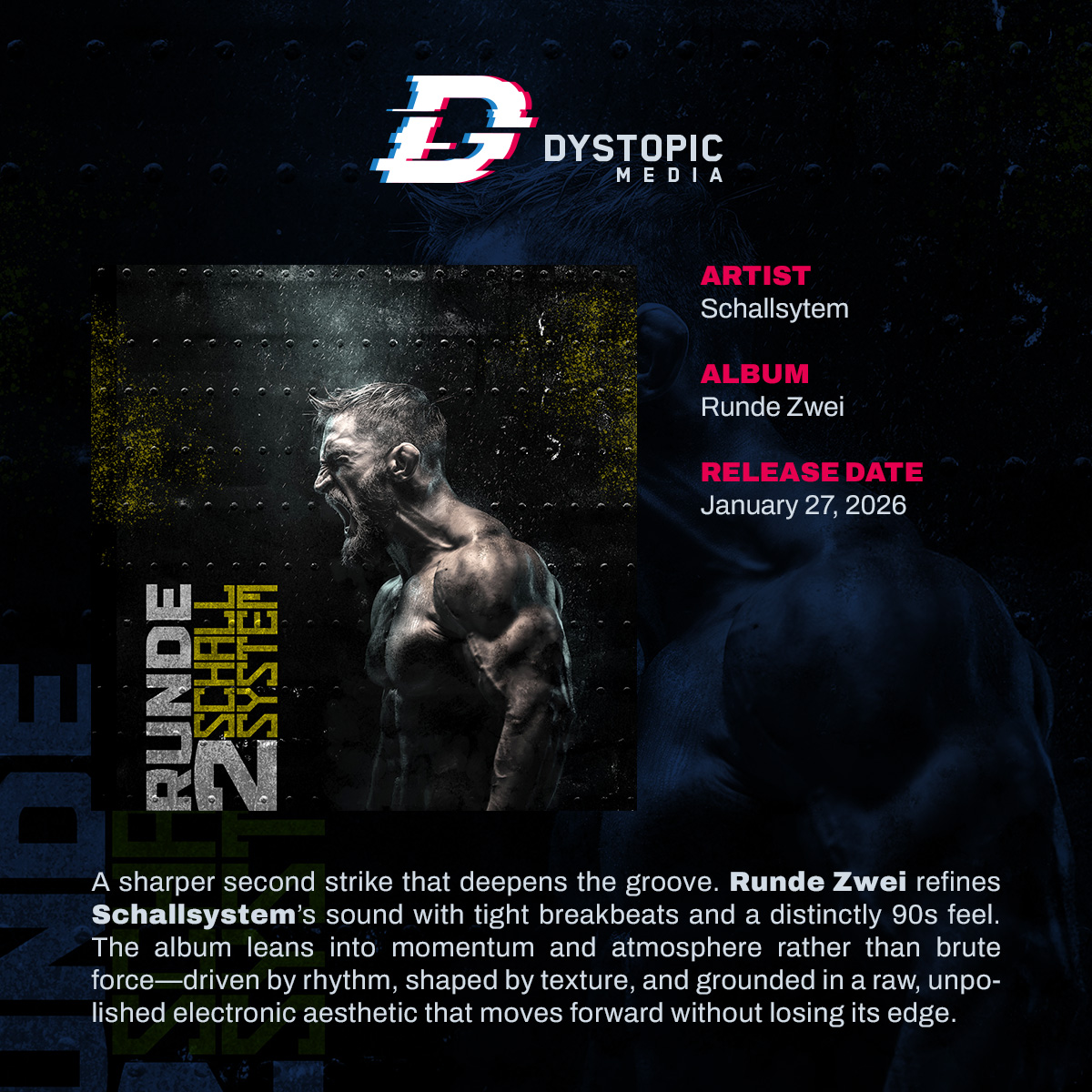 DystopicMedia's tweet photo. A sharper second strike that deepens the groove. "Runde Zwei" refines "Schallsystem"’s electronic and metal sound and a distinctly 90s feel.

Get it here:
https://t.co/buWE375Bai
https://t.co/1MEcrbhCBw

#ndh #electronic #metal #electronicmusic https://t.co/5v0EiWf3M7
