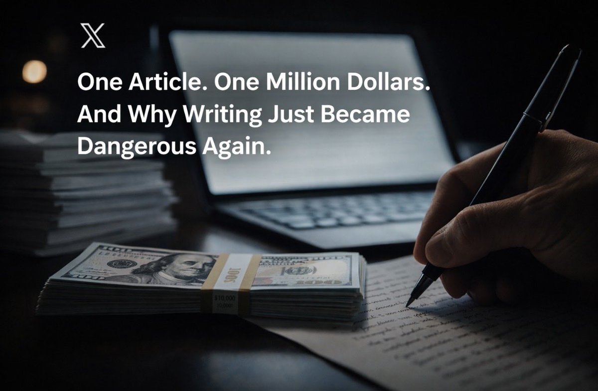 CalvinGallery's tweet photo. One Article. One Million Dollars. And Why Writing Just Became Dangerous Again

One article.
One million dollars.

After years where speed beat substance, X made a different bet.

One winner.
One piece of writing.
One moment where thought mattered more than reaction. https://t.co/x8LrBoaeHI