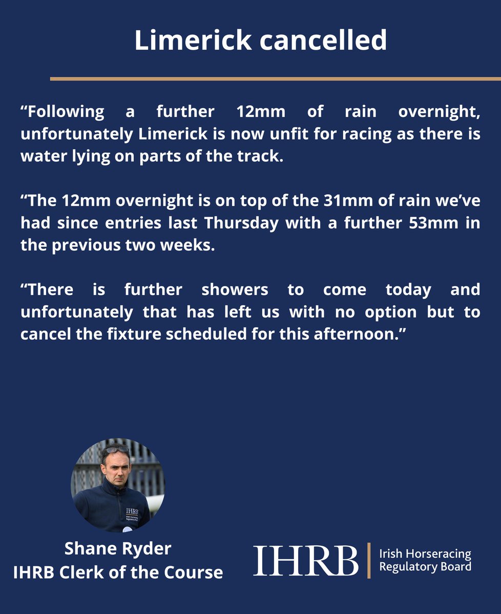 IHRBRaceday's tweet photo. ⚠️ @LimerickRaces cancelled https://t.co/GLDftic5iu