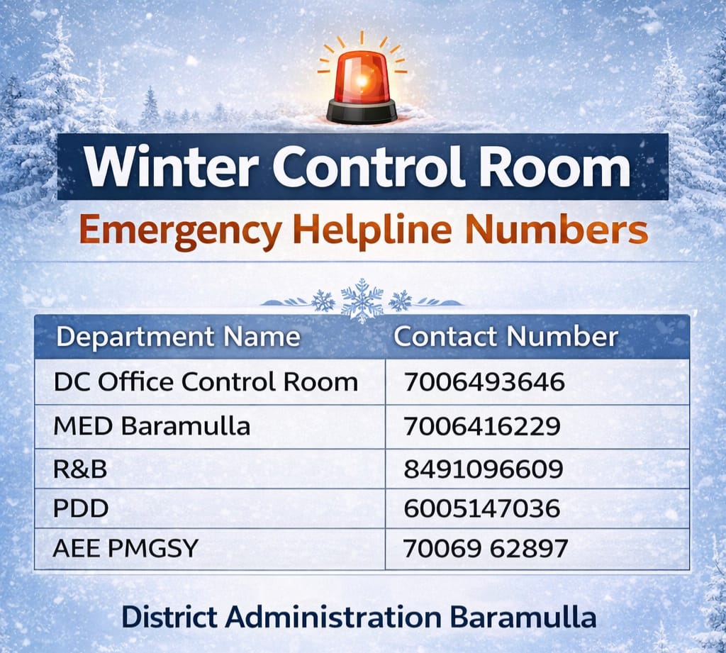 Emergency Helpline Numbers ❄️
In case of any emergency related to snow clearance, the public may contact the designated helpline numbers issued by District Administration Baramulla.Please keep these numbers handy.
<a href="/OfficeOfLGJandK/">Office of LG J&K</a> 
<a href="/CM_JnK/">Office of Chief Minister, J&K</a> 
<a href="/diprjk/">Information & PR, J&K</a> 
<a href="/mingasherpa/">Minga Sherpa</a> 
<a href="/ddnewsSrinagar/">DD NEWS SRINAGAR</a>