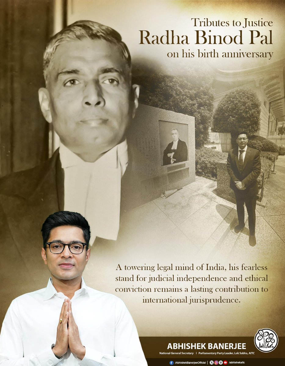 abhishekaitc's tweet photo. On his birth anniversary, I bow in deep reverence to the eminent Indian jurist, Justice Radhabinod Pal, a towering figure of international law whose courage, intellect, and moral clarity continue to inspire generations.

In May 2025, during my visit to Japan, as a member of the all-party delegation leading India’s global outreach against terrorism, I had the privilege of paying my respects at his shrine in Tokyo. It was a profoundly humbling moment to stand before the legacy of a son of Bengal whose principled stand at the Tokyo Trials affirmed India’s commitment to justice, dignity and independent thought on the world stage.

His life remains a reminder that true greatness lies not merely in position, but in the courage to uphold conscience against the tide.