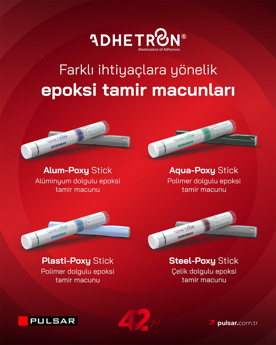 Tamir macunu, epoksi esaslı polimer yapıya sahip dolgu macunlarıdır. Tamir macunları mekanik olarak işlenebilir, delinebilir ve boyanabilir ürünler olup çelik, alüminyum, plastik dolgu özelliklere sahip ürünlerdir.

#pulsar #kimya #adhetron #epoksi #tamirmacunu