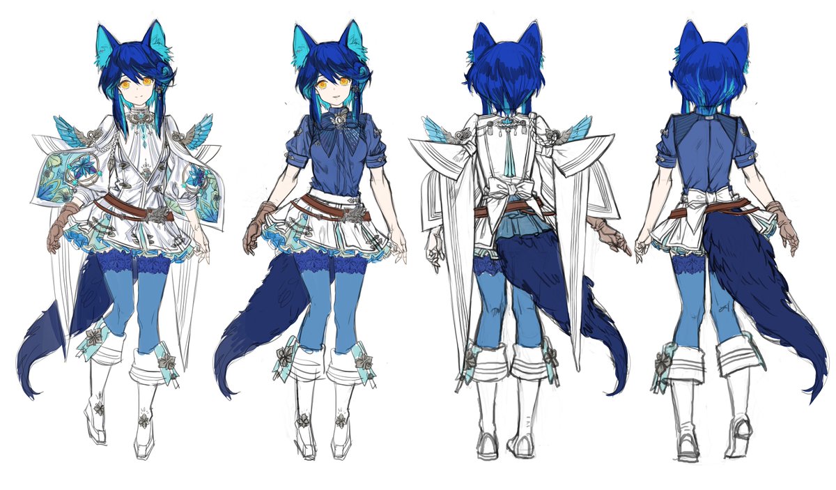 OCの三面図、OCのデザインがなかなか覚えられないし!!!それでデザインのまとめをしました!!!今描く絵を完成したら手をつけてみようかと思っています! 