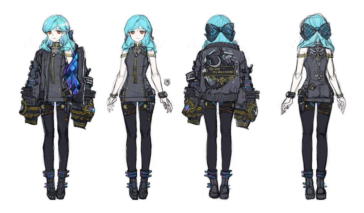 OCの三面図、OCのデザインがなかなか覚えられないし!!!それでデザインのまとめをしました!!!今描く絵を完成したら手をつけてみようかと思っています! 