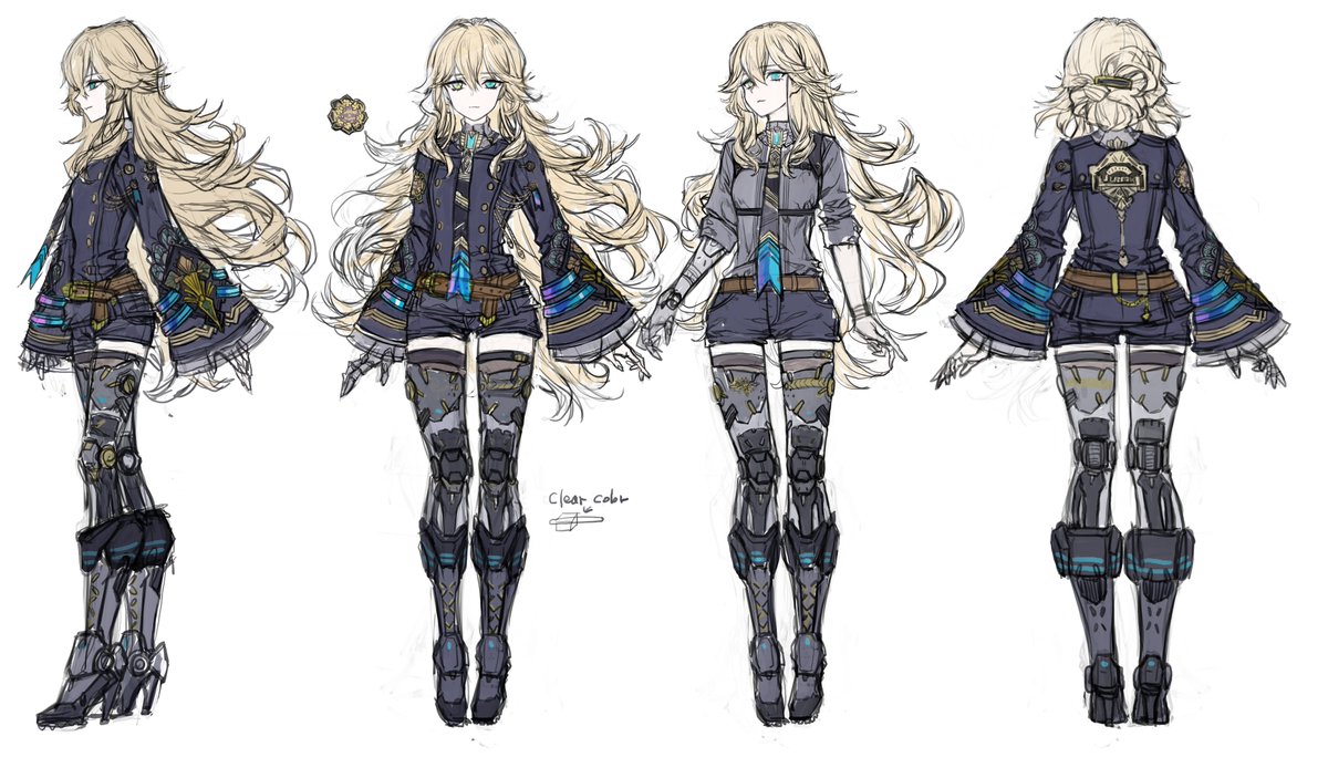 OCの三面図、OCのデザインがなかなか覚えられないし!!!それでデザインのまとめをしました!!!今描く絵を完成したら手をつけてみようかと思っています! 