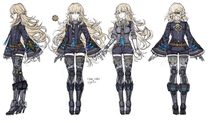 OCの三面図、OCのデザインがなかなか覚えられないし!!!それでデザインのまとめをしました!!!今描く絵を完成したら手をつけてみようかと思っています! 