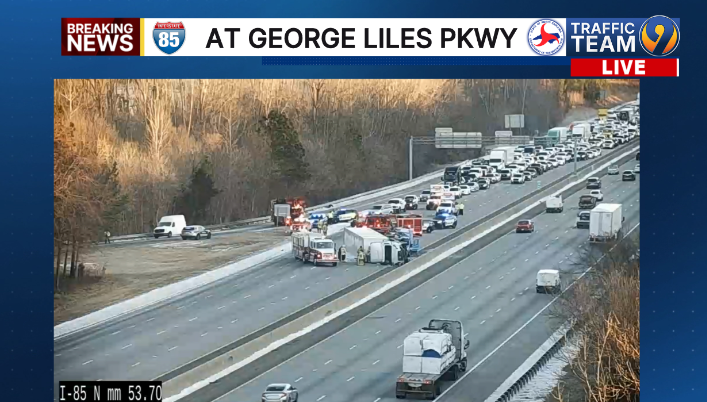 TrafficTeam9's tweet image. UPDATE:  Hazmat is now at this overturned truck crash that has I-85 SB shut down at George Liles Pkwy.   This is likely  due to a fuel spill. Traffic is being diverted onto WB NC 73 to Kannapolis Pkwy back to I-85.  #ConcordNC #CabarrusCo #clt #cltraffic #clttraffic