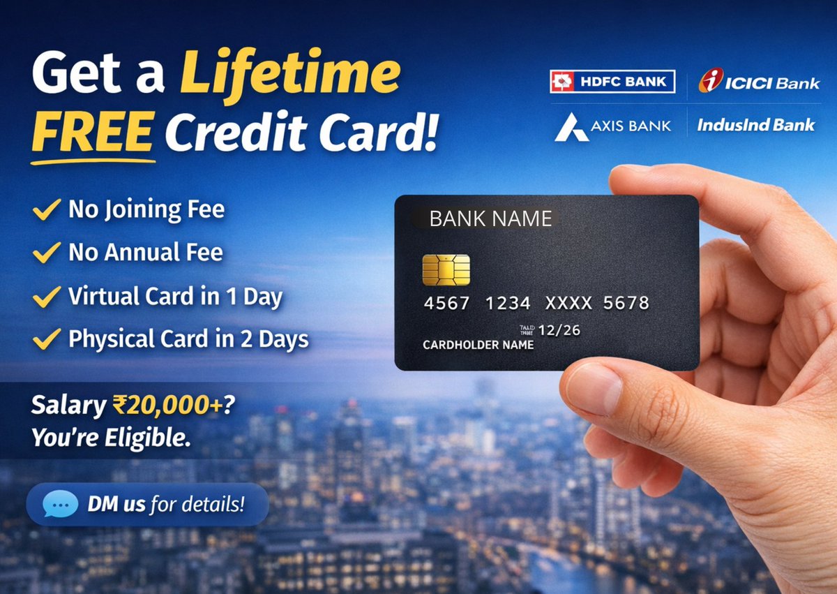quickfinindia's tweet photo. Paying joining &amp; annual fees for a credit card makes no sense anymore.

Get a lifetime FREE credit card with Quickfin India.

• No joining fee
• No annual fee
• Virtual card in 1 day
• Physical card dispatched in 2 days
Salary ₹20,000+? You’re eligible.
📩 DM us for details https://t.co/ka1PbVkkMz