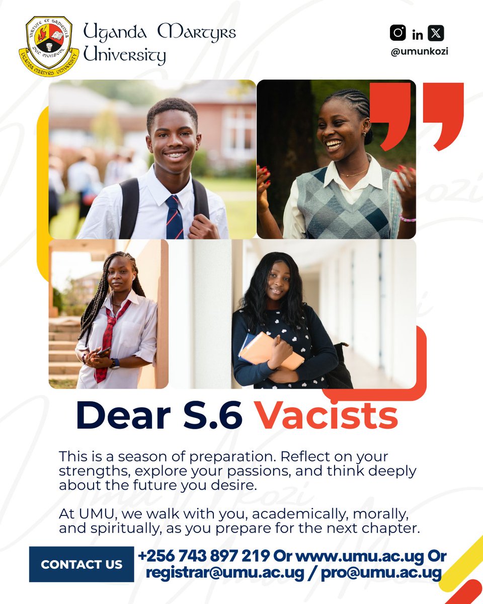 To Senior Six vacists:
this season is not just a break, it is a bridge.
Reflect. Build skills. Seek guidance.

Choosing the right university matters, you don’t have to decide alone.
📞 0743 897 219 | 📧 admissions@umu.ac.ug

We’re here to guide you every step of the way.
#JoinUMU