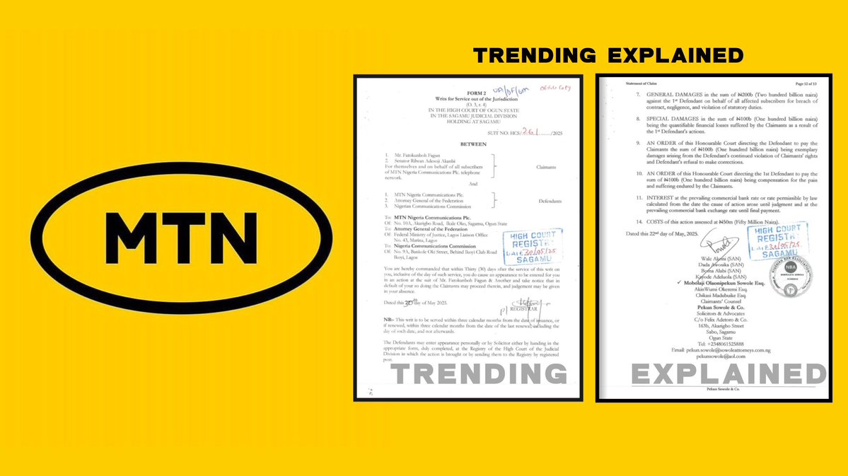 TrendingEx's tweet image. Confirmed:  A class-action lawsuit has been filed against MTN, over mysterious data depletion and billing irregularities.  Seeking ₦500 billion in compensation to customers, and transparent billing.
