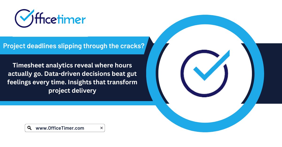 officetimer's tweet image. Project deadlines slipping through the cracks? 
Timesheet analytics reveal where hours actually go. Data-driven decisions beat gut feelings every time. Insights that transform project delivery.
#OfficeTimer
#OfficeTimerSignup
#AttendanceSoftware
#Projectmanagementsoftware