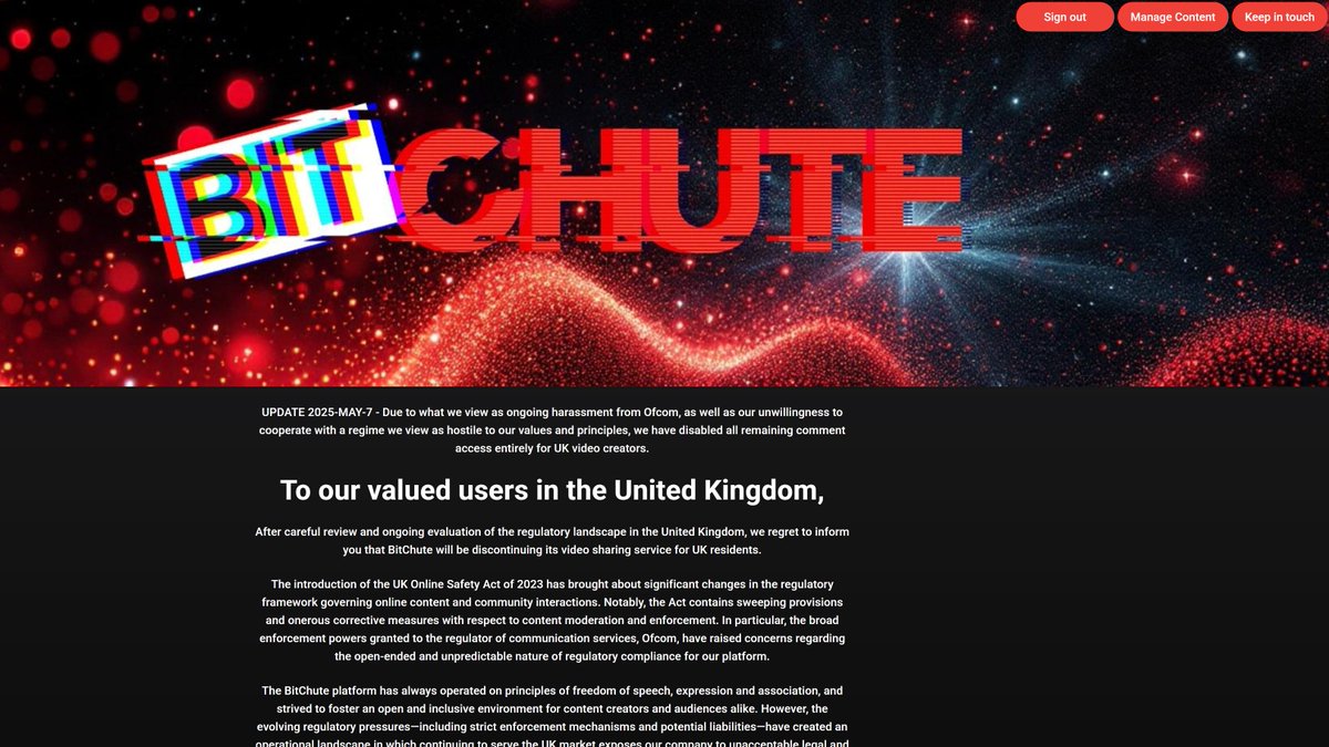 feedbackgaming's tweet image. BitChute says it’s pulling out of the UK and blocking UK users, blaming UK online-safety regulation (Online Safety Act) for making compliance “untenable” without changing how it operates. #BASEDAF