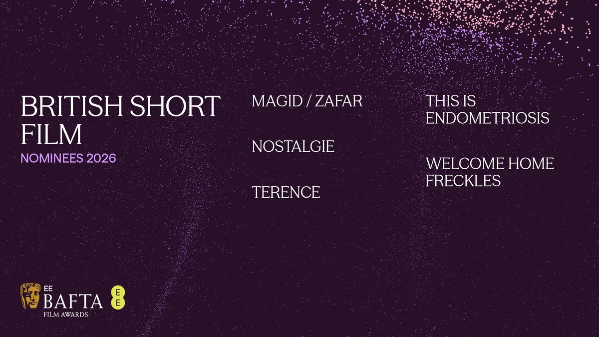 And nominated for British Short Film are… 🎞️

MAGID / ZAFAR
NOSTALGIE
TERENCE
THIS IS ENDOMETRIOSIS
WELCOME HOME FRECKLES

#EEBAFTAs