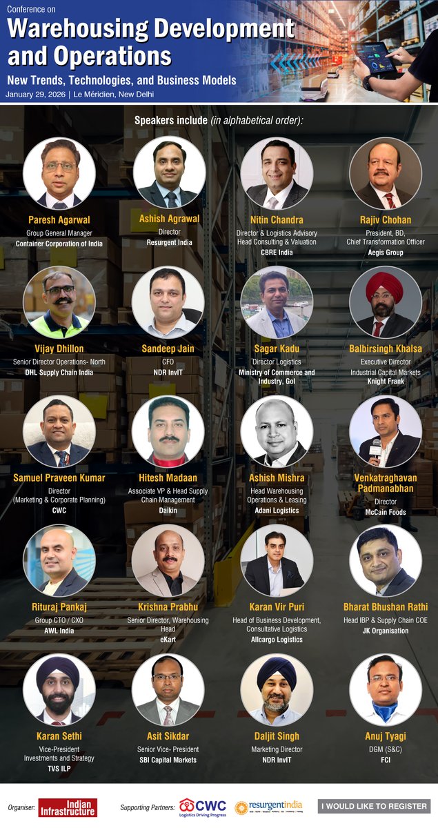 Indianinfra_mag's tweet photo. Only 2 days to go for our Conference on Warehousing Development and Operations. Register today!
To register now, visit: https://t.co/cuUApKUY7S
#WarehousingIndia #LogisticsSector #NationalLogisticsPolicy #GatiShakti #ECommerceGrowth #SupplyChainIndia #LogisticsInfrastructure https://t.co/D5JWFp3oGX