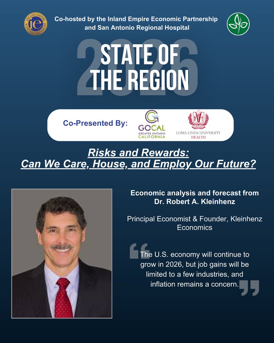 SanAntonioHosp's tweet photo. San Antonio Regional Hospital &amp; IEEP are proud to feature economist Dr. Robert A. Kleinhenz at the 2026 State of the Region on Feb. 17, 2026. Join us for expert economic insights and forecasts shaping our region. Tickets: https://t.co/6o7uSX69S7 
#HereForLife #GOCAL https://t.co/30JeOTNBas