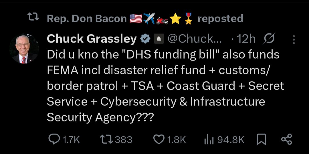 AngieLauritsen's tweet photo. My congressman and neighboring US Senator want to be cheeky about funding to DHS when they voted to give ICE $75B and CBP $67B unchecked (DHS $190B total) in the Republican Tax Law  last summer. They own this chaos. Decouple it and do your job. #NE02 #NE01 #NESen #DoBetter https://t.co/GfY82sgTS0