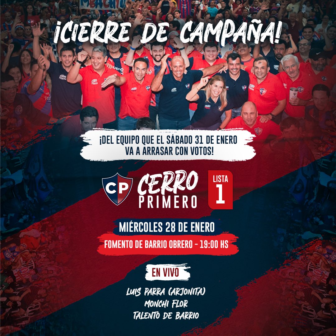 🎶🔴🔵 Cerramos la campaña como se merece Cerro.
📅 Miércoles 28
🎤 Música en vivo
🗳️ Lista 1 – Cerro Primero
¡Te esperamos para vivirlo juntos!

#cerroprimero