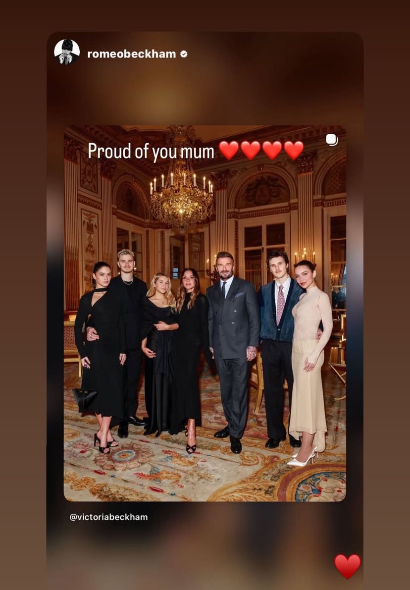 Romeo shared support for his mother Victoria Beckham on Instagram.  Posting a picture of all of them together in Paris. Three siblings and two girlfriends.🥰