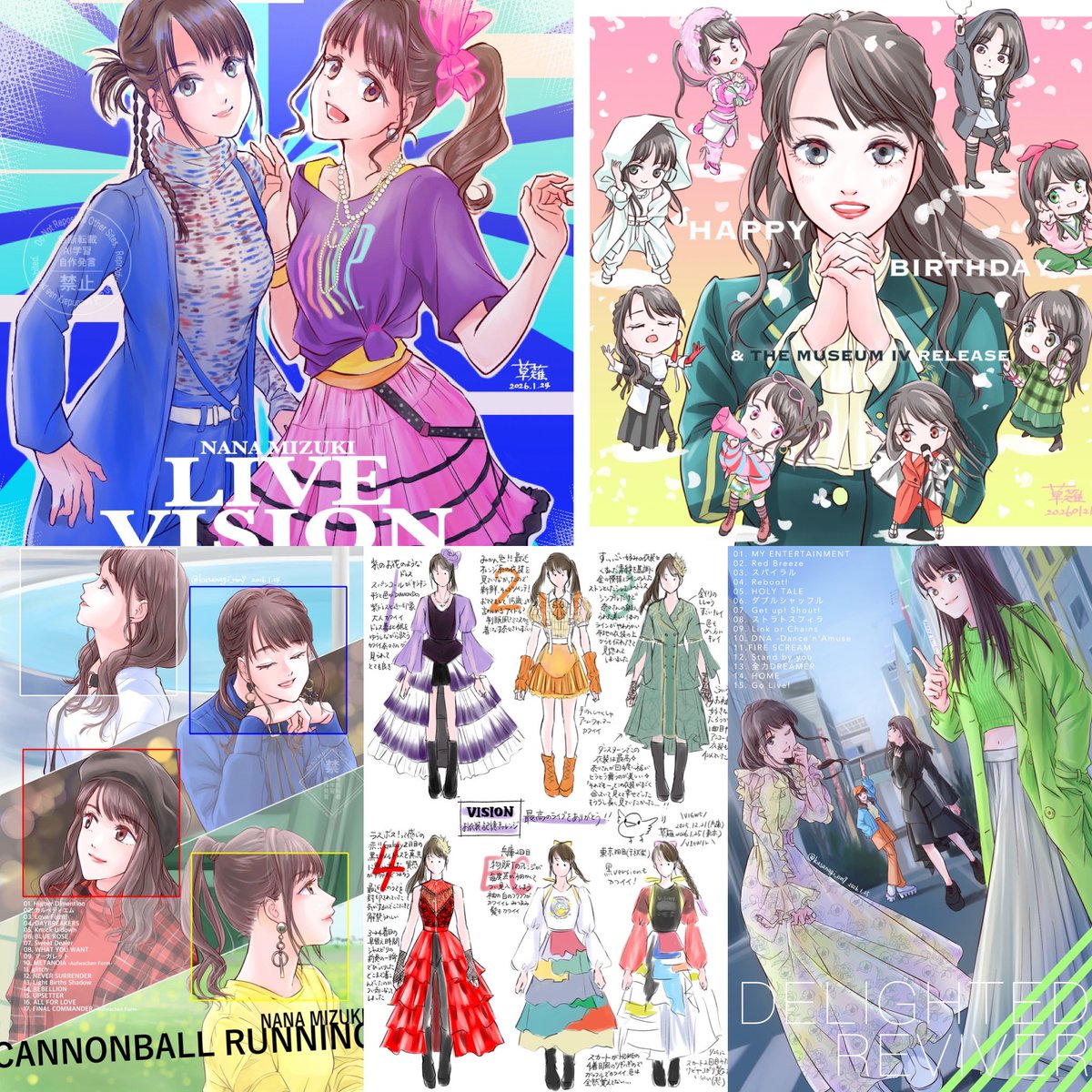 VISION絵をまとめました。アルバム絵は毎週末ギリギリで間に合わせてたので、勝手に自分も完走した気分です。奈々さんの素敵アルバムお写真見るのも描くのもずっと楽しかったです！見守っていただいた皆様ありがとうございました☺️
#水樹奈々 #LIVE_VISION