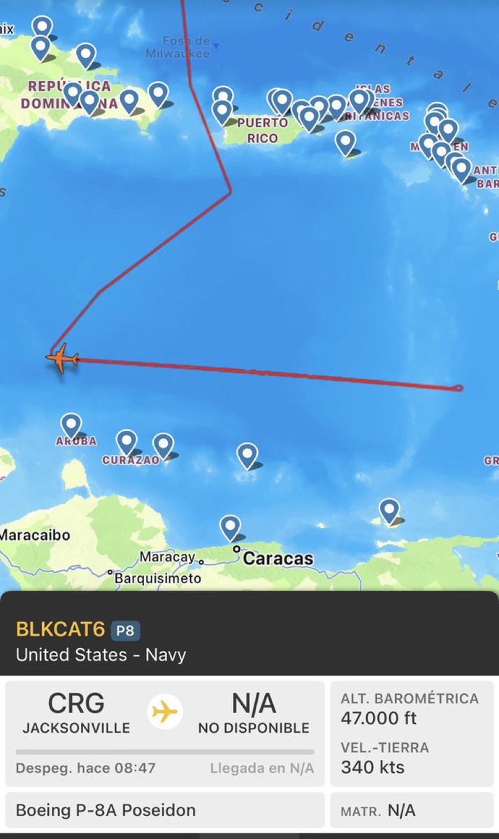 #AHORA MQ-4C Triton disfrazado de P-8 Poseidon, vigilando una gran extensión del Mar Caribe.

Después del 03 dé enero es la primera aeronave estadounidense en pasar nuevamente por espacio aéreo venezolano.