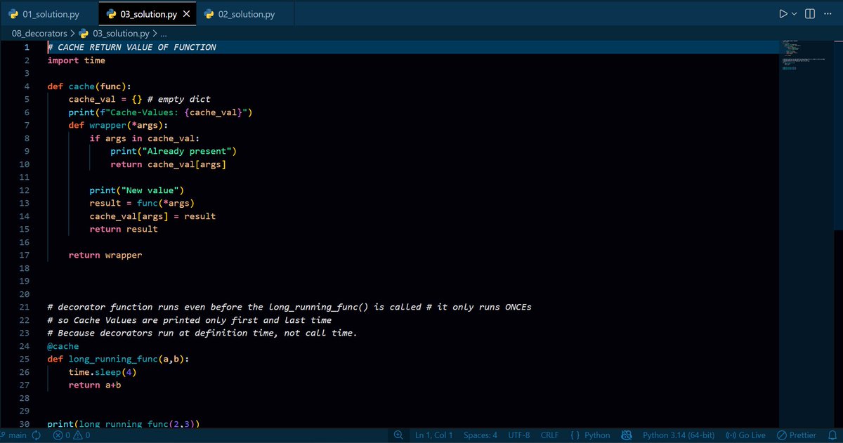 prabhjotsi2008's tweet photo. 🔥 Day 28 of #NothingJustCoding

🚀 Reached 19/28 of #ChaiAurPython series:
✅ Learnt about decorators in #Python
✅ Solved three real-world problems of decorators

✨ Decorators = Modification of Functions
@Hiteshdotcom @ChaiCodeHQ
#Coding #LearningInPublic https://t.co/QClW0ZBpu5