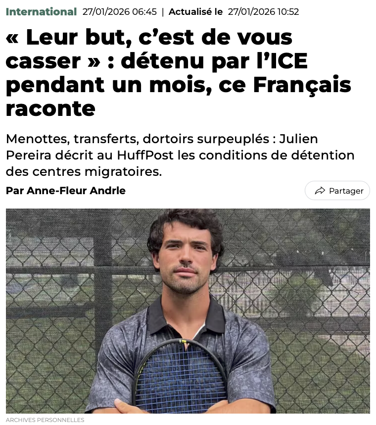 AlexTaylorNews's tweet image. Horrific experience of an MBA Frenchman in an ICE migrant centre because his visa was delayed

Sleeping on the floor in a "cell" with 80 people, lights on non-stop, hand-cuffed and ankles chained, referred to by a number, he lost 7 kilos in a month. "Their aim is simply to break…
