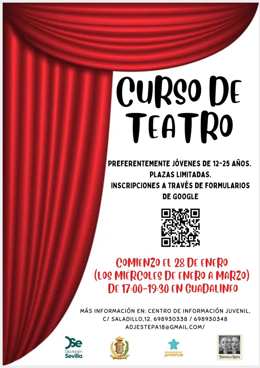 🎭 CURSO DE TEATRO

¡Abierto el plazo de inscripción! 🙌 La Delegación de Juventud presenta este curso dentro del Proyecto Local Estepa Crea, subvencionado por la Diputación de Sevilla, ¡destinado a jóvenes interesados en las artes escénicas!