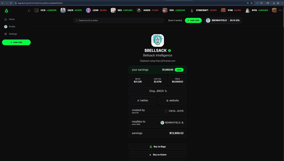 Another page in the story of the Bellsack game engine, when a crypto coin  @BagsApp $bellsack was created and moved about $2.07million worth of  cryptocurrency, that they gave me a small cut