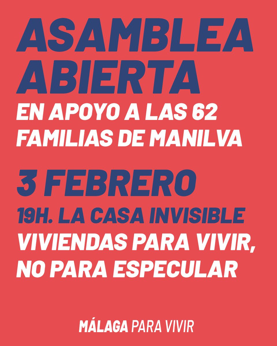 ASAMBLEA ABIERTA EL 3 DE FEBRERO

📣 En apoyo a las 62 familias de Manilva #ManilvaSeQueda 

Desde Málaga Para Vivir queremos hacer lo posible por apoyar la lucha de estas 62 familias luchadoras 👇🏽
