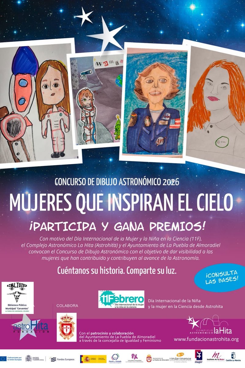 ✏️🌌Concurso de Dibujo Astronómico 2026 bajo el lema “Mujeres que inspiran el cielo”.
Dirigido a alumnado de Primaria y Secundaria, con motivo del 11F.

📍 Entrega: Biblioteca Municipal
📅 Plazo: hasta el 28 de febrero de 2026

Consulta las bases y ¡participa! 💫