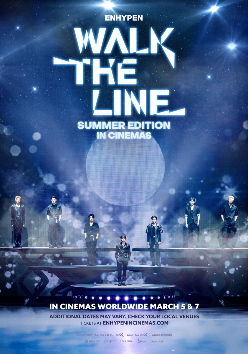 ENHYPEN's tweet image. ENHYPEN [WALK THE LINE SUMMER EDITION] IN CINEMAS

The unforgettable summer on stage, now in cinemas worldwide ✨

📅Global Release: Mar 5 &amp;amp; 7
🎟Global tickets on sale: Feb 5
*Release dates and times may vary by region, so please check the official website

🔗More info at…