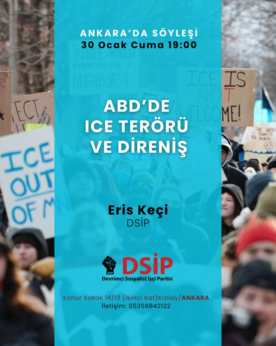 dsip___'s tweet image. Herkesin katılımına açık olan haftalık toplantılarımız farklı il ve ilçelerde devam ediyor.

✊ 30 Ocak Cuma Ankara’da Eris Keçi anlatıyor:
➡️ “ABD’de ICE Terörü ve Direniş”

Çözümü birlikte tartışalım, umudu birlikte örgütleyelim!